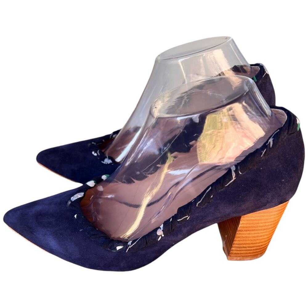 Anthropologie Women's 8.5M Navy Whipstitch Braided Ribbon Suede Block Heels - Picture 3 of 15